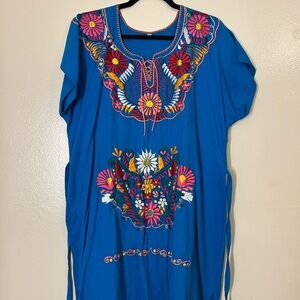 Blue Mexican embroidered dress with ties to adjust fit